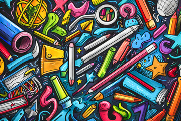 School Things Doodle.  Generated Image.  A digital illustration of a group of school items in the doodle art style.