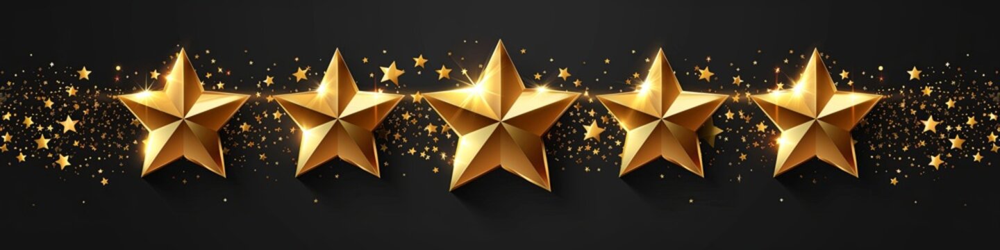 Five gold stars. Rating or symbol of quality. Set against a stylish flash of gold sparkling from the center on a black background. Poster template.