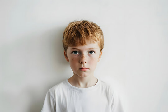 young boy looking scared and fearful against white background. generative ai