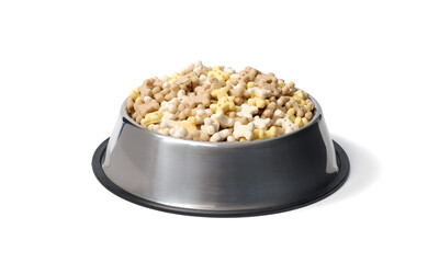 A bowl of dog food on a white background