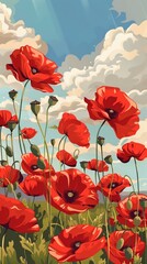 Obraz premium Banner with red poppy flower field, symbol for remembrance, memorial, anzac day