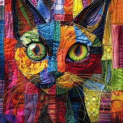 Vivid Cat Portrait with Quilted Background