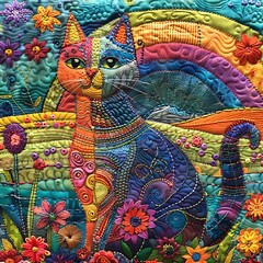 Vibrant Quilt Featuring Stylized Cat Design