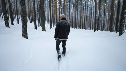 Rear view of stylish man walking in winter. Media. Stylish shooting of man walking in winter...