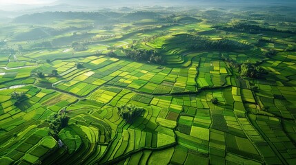 The aerial view captures the vast expanse of rice paddies in a rural landscape, revealing the patchwork of fields in various stages of growth. The lush green fields are interspersed with water-filled - Powered by Adobe