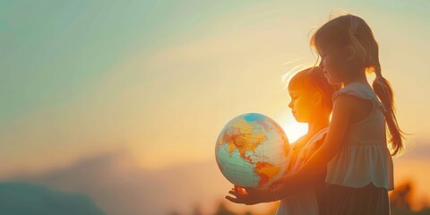 Two children hold a globe under a glowing sunset, symbolizing hope and unity as they face the future together, bathed in warm, golden light and set against a gorgeous landscape.