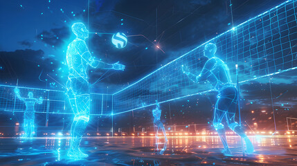A futuristic beach volleyball game unfolds at night with glowing holographic players alongside a real player, creating a dynamic scene