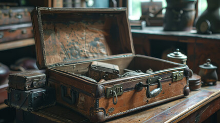 An old suitcase revealing hidden treasures and ancient artifacts. 