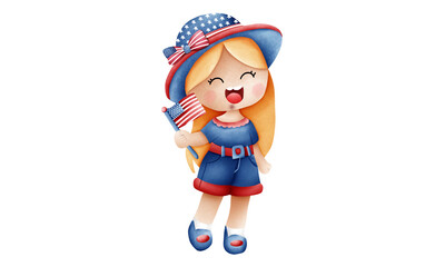 Cute American patriot girl in a 4th of July dressed, Hand holding a flag. Png isolated on transparent background