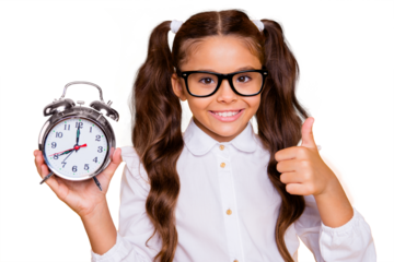 Best free time advertising concept. Close up portrait of confident, charming, lovely, sweet, gorgeous, small girl isolated on yellow background with big alarm clock in her hands show or give thumbs up