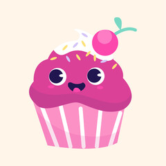 Cute cupcake with cherry on pink background