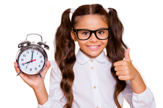 Best free time advertising concept. Close up portrait of confident, charming, lovely, sweet, gorgeous, small girl isolated on yellow background with big alarm clock in her hands show or give thumbs up