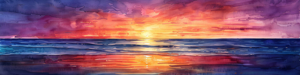 Vibrant Watercolor Sunset Over Ocean   Artistic Seascape with Dramatic Colors Reflection