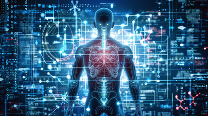A computer interface seamlessly integrated into a human body, representing advanced bioengineering. 