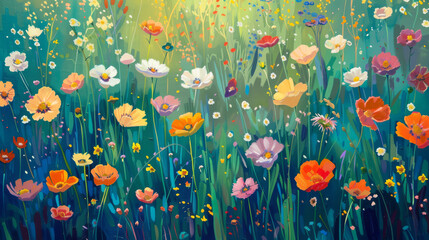 Fototapeta premium combining a field of tulips and tulips in a garden: A springtime landscape of colorful tulips in full bloom, both in a formal garden