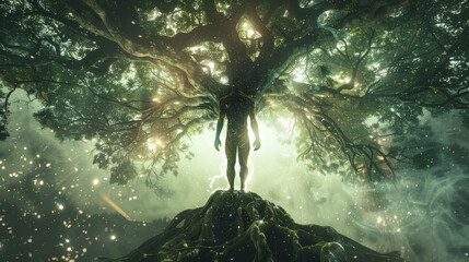 A human figure connected to the earth by roots, symbolizing a deep connection with nature. 