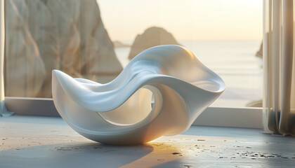 Elegant white modern art sculpture placed indoors with a view of a serene sea and rising sun...