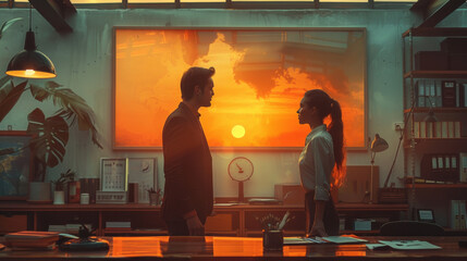 a man and a woman standing in front of a window