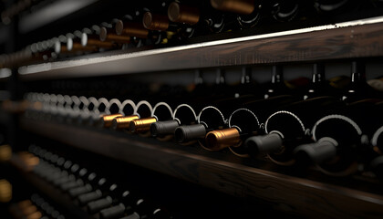 Wine bottles in a dark room. Shelves with bottles of wine. Glass bottles, focus on one bottle