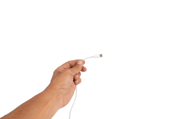 Black male hand holding a white usb c cable isolated, no background