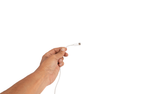 Black male hand holding a white usb c cable isolated, no background - Powered by Adobe