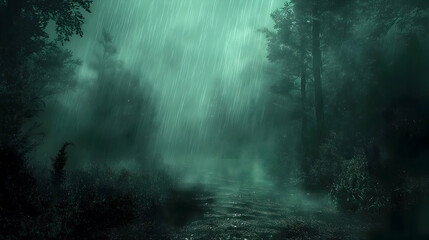 Dark and green landscape embodying elements of psychology and manipulation, strong contrast between green and black, enveloped in a dark, rainy atmosphere that conveys sadness