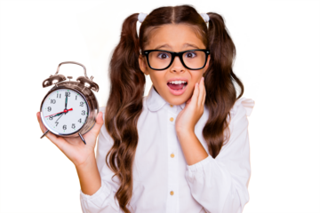 1-september concept. Close up portrait of scared and confused small brunette girl with watch in hands isolated on shine yellow background