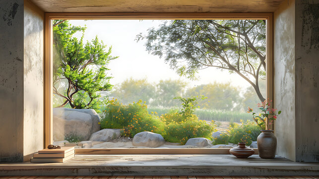 Fototapeta Japanese garden decoration in scenic view through a wooden-framed window in a light-filled room