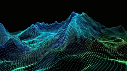 3d wireframe of mountain range, neon blue and green glow lines on black background.