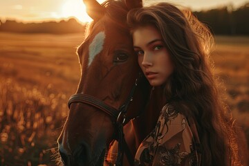 a beautiful girl riding a horse hugs her and strokes her.  - Powered by Adobe