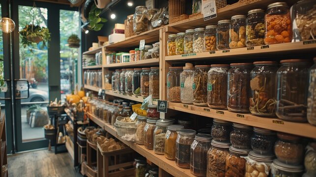Zero waste grocery store where customers bring their own containers to fill with bulk food items and package-free products , concept of reducing waste and conscious consumption and minimal packaging