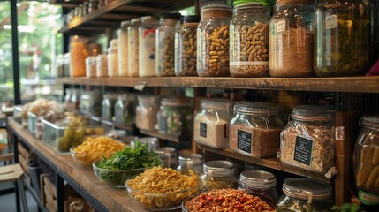 Zero waste grocery store where customers bring their own containers to fill with bulk food items and package-free products , concept of reducing waste and conscious consumption and minimal packaging