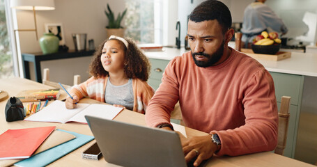 Father, laptop and child homework or online research as multitasking parent, deadline or learning....