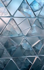 Abstract geometric pattern of frosted glass triangles with blue hues, creating a modern and intricate textured design.