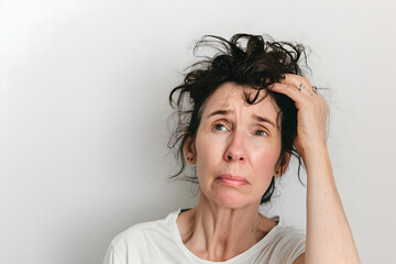 middle aged woman looking anxious and worried against white backdrop. generative ai