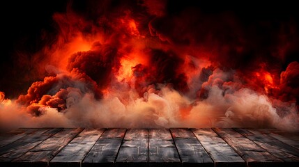 wooden tabletop with dark background of smoky explosion