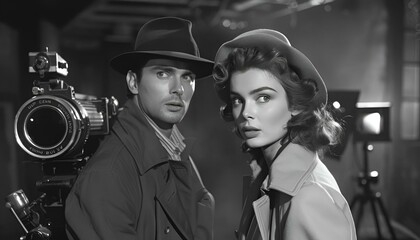 AI generated illustration of female and male actors near a vintage camera in grayscale