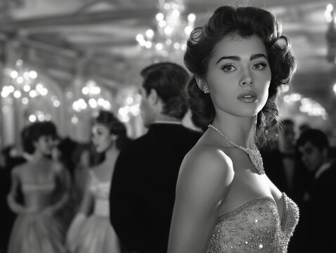 AI generated illustration of a young woman dressed in 1950s style at an event in grayscale