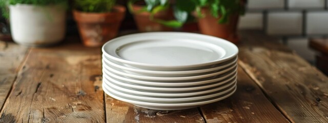 A stack of plain white plates on a wooden table.