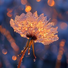 Mystical Glow: A Dandelion Seedhead in a Snowy Landscape, Illuminated by Starlight and Enhanced with a Gentle Sprinkling of Raindrops