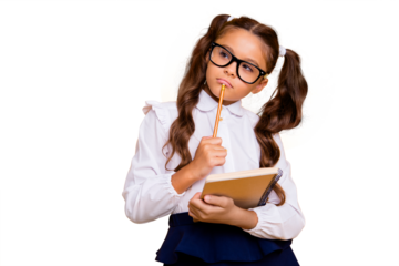 Close up portrait of pensive, tired, small brunette girl looking away stand isolated on bright yellow background