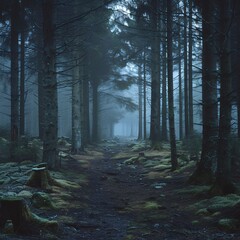 Obraz premium Foggy Forest Path: A Mystical Encounter with Nature