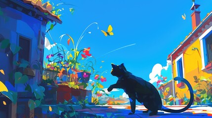 A colorful 2d illustration depicts a cat chasing a butterfly amid the beauty of nature on the street