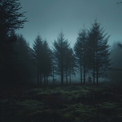 Obraz premium Mystic Forest: A Mossy Pathway Through the Fog