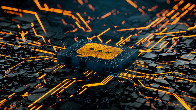 Text Technology Concept with sms symbol on a Microchip. Data flows from the CPU across a Futuristic Motherboard. 3D render.