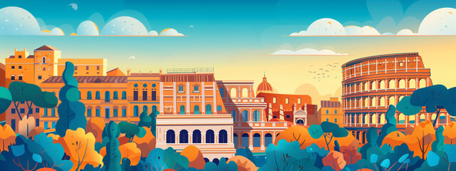 Colorful, stylized vector illustration of rome's skyline, featuring iconic landmarks like the colosseum amidst a beautifully rendered sunset backdrop