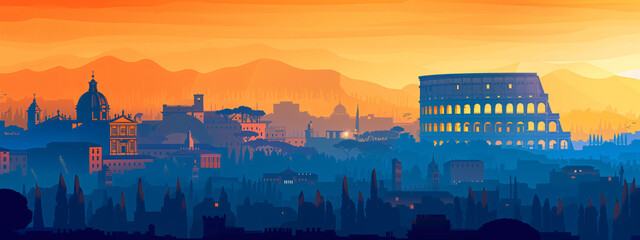 Stunning vector illustration of rome’s cityscape at sunset, featuring iconic landmarks like the colosseum in warm, golden hues