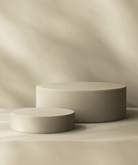 Two beige podium on counter, soft beautiful dappled sunlight, leaf shadow on brown texture wall for luxury organic cosmetic, skincare, beauty treatment product background 3D