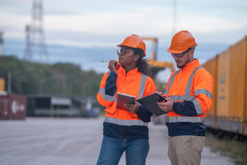 Engineers railway survey wearing safety uniform under conversation document and tablet on hand...