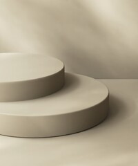 Two layers beige podium on counter, soft beautiful dappled sunlight, leaf shadow on brown texture wall for luxury organic cosmetic, skincare, beauty treatment product background 3D